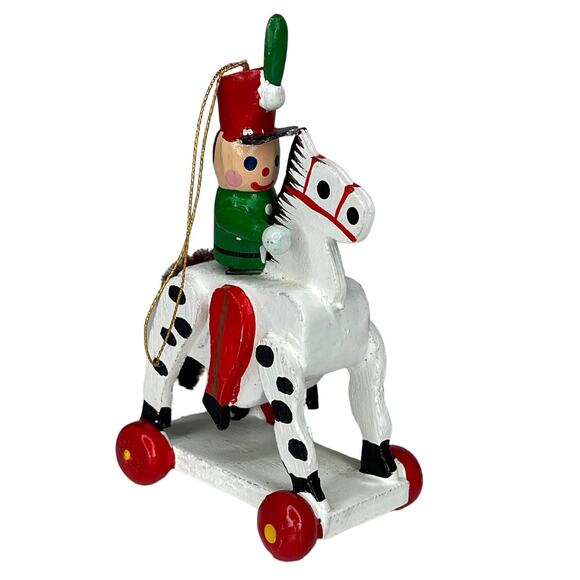 Vintage Wooden Christmas Ornament Toy Soldier on a Rolling Horse - Picture 5 of 9